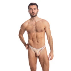 Devant -LHOMME INVISIBLE Soldes rayures orange string bikini homme 1